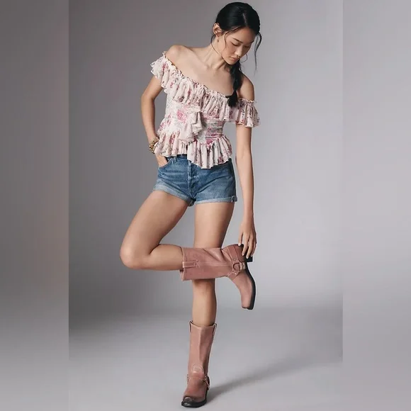 Anthropologie Off-The-Shoulder‎ Pink Floral Mesh Ruffle Top Cottage Core Boho - Picture 3 of 5